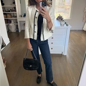 Zara Cream Tweed Boxy Blazer with Black Trim